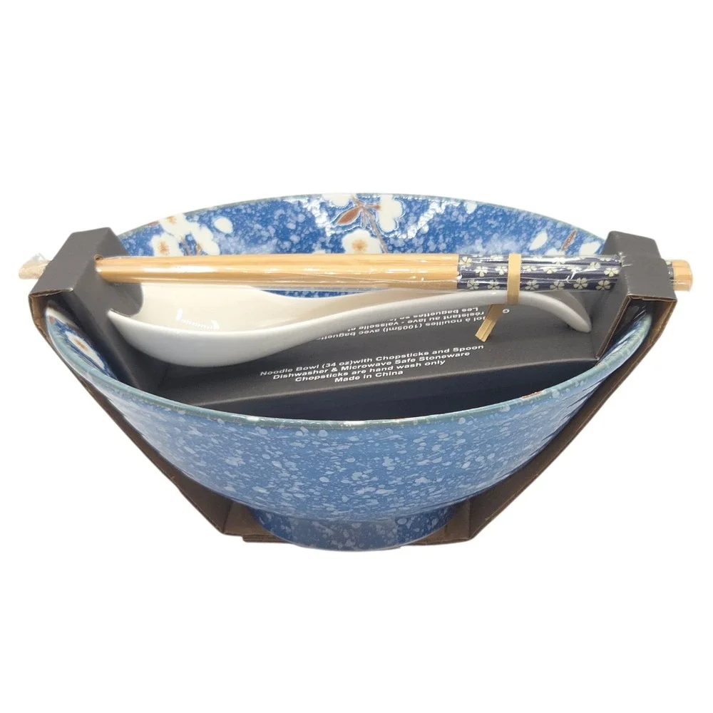 SH Home Sakura Cherry Blossom Ceramic Ramen Noodle Bowl Blue w/ Chopsticks Spoon